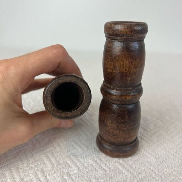 Vintage Carved Handmade Wooden Pair Two 2 MCM Boho Candle Holders Brown Retro - Picture 4 of 10